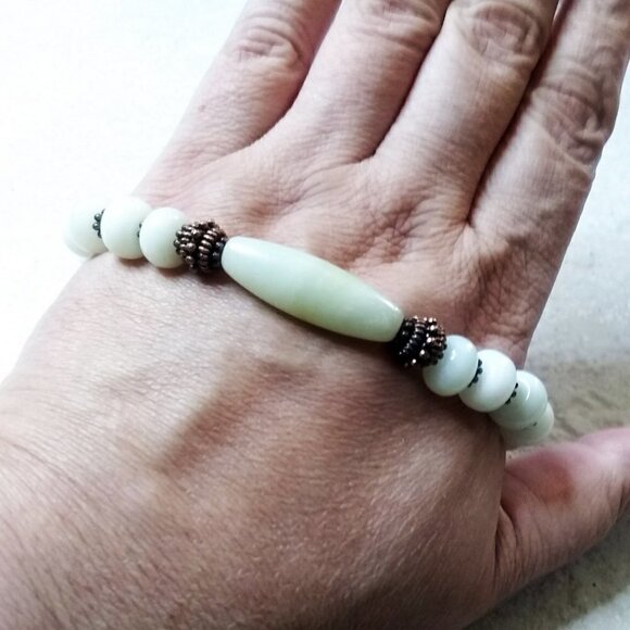 Palest Green Jade Bracelet - Barrel Bead + Rondelles + Copper Spacers 7-7.5" - Picture 2 of 7